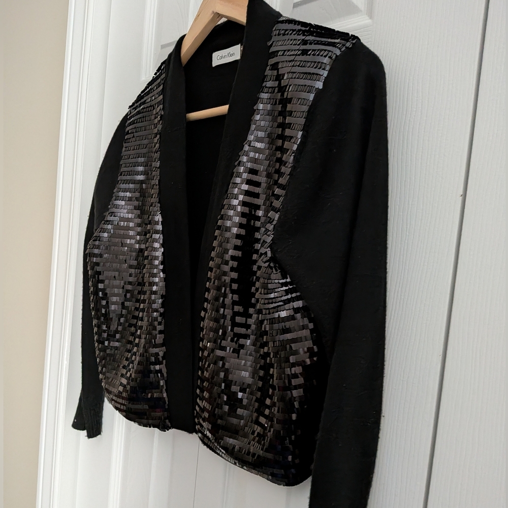 Calvin Klein, Black Fall Sequins Cardigan. Size Large.
